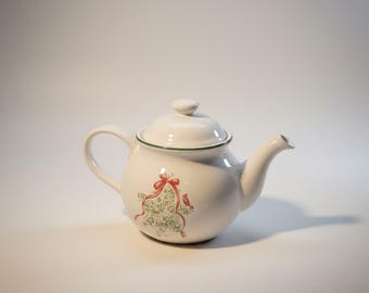Vintage White Ceramic Teapot Holly & Red Bow Christmas Design with Lid