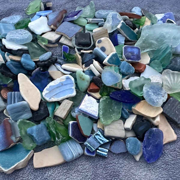 Sea Glass Lot, Sea Pottery Lot, Vintage Depression Glass, Uranium Glass Pieces, Bulk Sea Glass/Pottery, Mosaic Tiles, 200+ Pieces #579