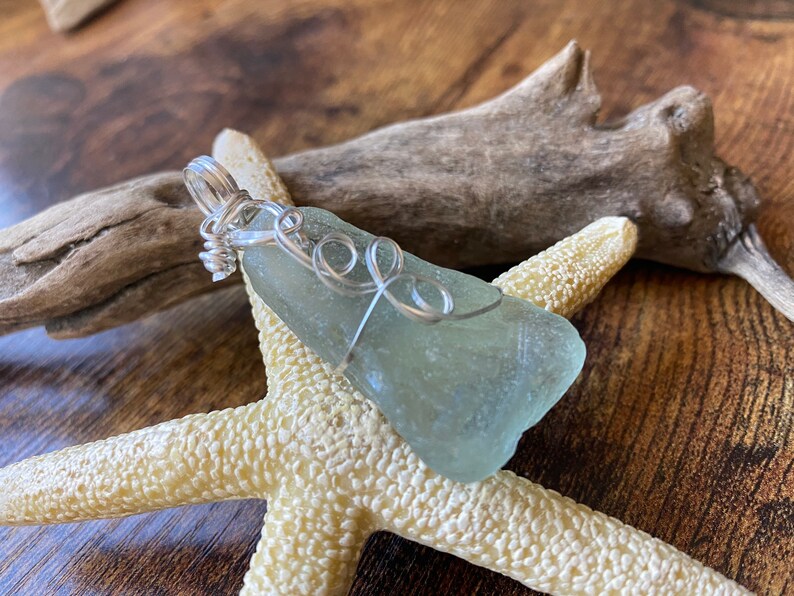 Genuine Aqua Sea Glass Pendant And 925 Sterling Silver Chain