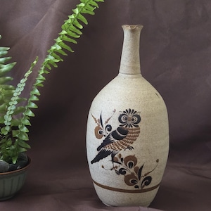 Vintage  Tonala Mexican Folk Art Pottery Stoneware Vase Owl Floral Earthtones Glaze