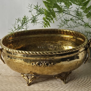 Vintage India Hammered Brass Jardinier Elephant Handles Hollywood Regency
