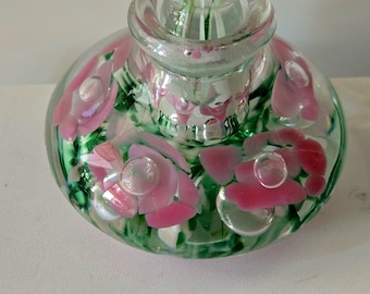 Frasco de perfume vintage Gibson de vidrio soplado a mano con diseño floral.