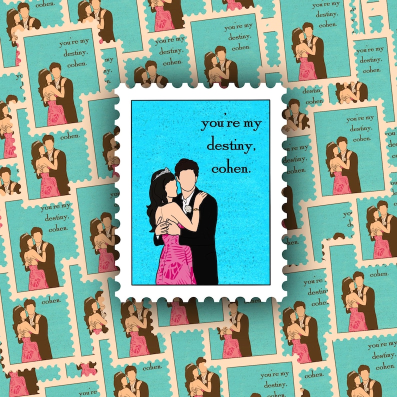 May include: A blue and white patterned background with a repeating image of a couple dancing. The couple is wearing a pink dress and a black suit. The image is surrounded by a white border with a blue and white patterned edge. The text "you're my destiny, cohen." is printed in white on a blue background.