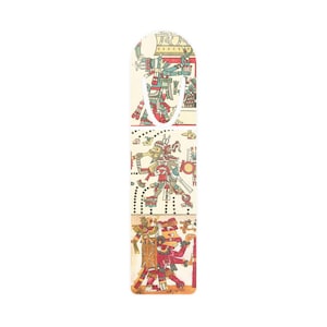 May include: A rectangular bookmark with illustrations of Aztec figures. The bookmark has a cream background with detailed drawings in red, green, blue, and yellow. The design is reminiscent of historical artwork, suitable for book lovers.