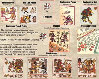 May include: A colorful chart with illustrations of Aztec deities and symbols. The chart includes the names of the deities and symbols in English and Nahuatl. The chart also includes information about the associated traits and birth patrons.