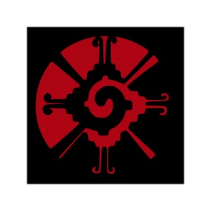 Könnte beinhalten: Ein rot-schwarzes Grafikdesign mit einer zentralen Spirale und radialen Elementen. Das Design hat ein symmetrisches Layout mit einem auffälligen Erscheinungsbild. Das Kunstwerk ist vor einem schwarzen Hintergrund platziert.
