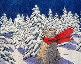 以下が含まれることがあります： 赤いマフラーをした灰色の猫が雪の降る森の中に座り、夜空の明るい星を見上げています。