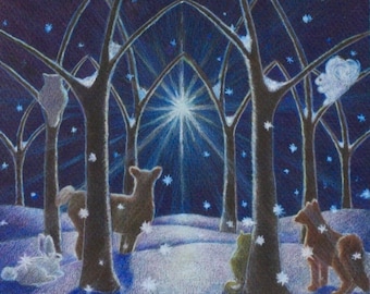 Holy Night Christmas Card Sets, Winter Greeting, Snowy Woodland, Star, Animals, New Year