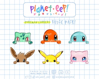 Puede incluir: Un conjunto de seis pegatinas de insignia de personaje de Pokemon. Las pegatinas presentan varios personajes de Pokemon que asoman desde detrás de un fondo blanco. Los personajes incluyen Bulbasaur, Charmander, Squirtle, Eevee, Pikachu y Jigglypuff. Las pegatinas están disponibles en tres tamaños: 18x18, 36x36 y 72x72.