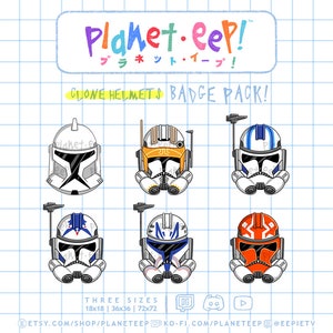 Może przedstawiać: Zestaw sześciu kolorowych, kreskówkowych odznak z hełmami klonów. Odznaki mają różne schematy kolorystyczne, w tym niebieski, pomarańczowy i biały. Tekst "Planet.eep!" i "Clone Helmets Badge Pack!" jest napisany zabawnym fontem.