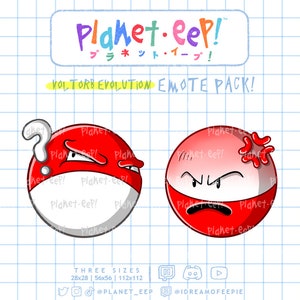 Può includere: Due facce di cartoni animati rosse e bianche con espressioni diverse. La faccia a sinistra ha un punto interrogativo sopra la testa e un'espressione confusa. La faccia a destra ha una faccia rossa arrabbiata e un segno rosso arrabbiato sulla testa. Il testo "Planet.eep!" è nella parte superiore dell'immagine. Il testo "Voltorb Evolution Emote Pack!" è sotto le facce. Il testo "Three Sizes 28x28 | 56x56 | 112x112" è nella parte inferiore dell'immagine.