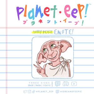 Może przedstawiać: Dobby, domowy skrzat z serii o Harrym Potterze, jest przedstawiony z gestem pokoju i uśmiechem. Obrazek jest w stylu kreskówkowym i ma różowe tło. Tekst "Dobby Peace Emote!" znajduje się nad obrazkiem.