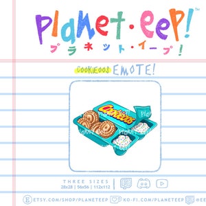 May include: A blue and white cartoon illustration of a box of cookies with the text "Capkituos" on the lid. The box is open and there are three cookies inside. The cookies are yellow with a brown center and a red border. There is also a small container of white frosting with sprinkles on top. The illustration is on a white background.