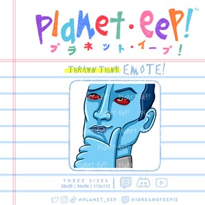 Puede incluir: Un personaje de dibujos animados azul con ojos rojos y una expresión pensativa. El personaje se está sosteniendo la barbilla con la mano. El fondo es un patrón de cuadrícula azul claro. El texto "Planet.eep!" y "THRAWN THINK EMOTE!" es visible en la imagen.