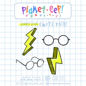 Puede incluir: Un conjunto de cuatro emoticonos temáticos de Harry Potter con un rayo y gafas redondas. Los emoticonos están dibujados en un estilo de dibujos animados sobre un fondo cuadriculado. También se puede ver el texto "Planet-eep!" y "HARRY SCAR EMOTE PACK!"