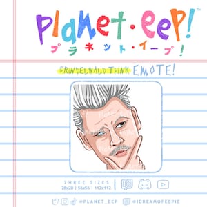 Puede incluir: Una ilustración de dibujos animados de un hombre con cabello blanco y bigote, pensando. La imagen está sobre un fondo de líneas azules y blancas con el texto "Planet.eep!" y "Grindelwald Think Emote!" en letras de colores. La imagen está disponible en tres tamaños: 28x28, 56x56 y 112x112.