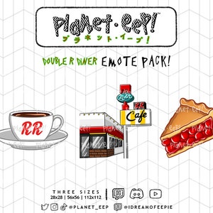 Può includere: Un set di tre emoji digitali che rappresentano una tazza di caffè rossa con le lettere RR, un ristorante rosso e bianco con un cartello giallo che dice "Caffè", e una fetta di torta di ciliegie. Le emoji fanno parte di un "Pacchetto di emoji Double R Diner" e sono disponibili in tre dimensioni: 28x28, 56x56 e 112x112.