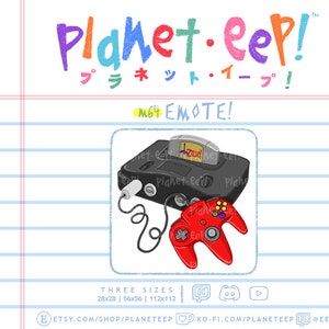 Puede incluir: Una consola Nintendo 64 negra con un mando rojo y un cartucho de juego. La consola está etiquetada como "Planet.eep!" y el texto "M64 EMOTE!" está escrito encima de la consola. La consola está sobre un fondo blanco con líneas azules.