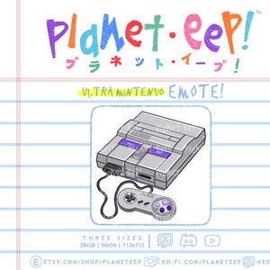 May include: A cartoon illustration of a gray Super Nintendo Entertainment System (SNES) console with a purple and gray controller. The console is on a white background with blue lines. The text "Planet.eep!" is written in rainbow colors above the console. The text "ULTRA MINTENDO EMOTE!" is written in black below the console. The text "THREE SIZES" is written in black below the console. The text "28x28 | 56x56 | 112x112" is written in black below the console. The text "ETSY.COM/SHOP/PLANETEEP" is written in black below the console. The text "KO-FI.COM/PLANETEEP" is written in black below the console. The text "@EEPIETV" is written in black below the console.