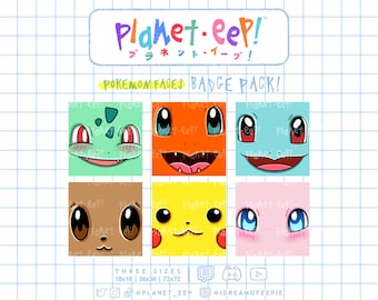Puede incluir: Un conjunto de seis diseños de insignias con la cara de personajes de Pokémon. Las insignias presentan a Bulbasaur, Charmander, Squirtle, Pikachu, Eevee y Jigglypuff. Las insignias están disponibles en tres tamaños: 18x18, 36x36 y 72x72.