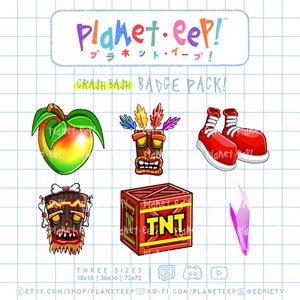 Op de afbeelding: Een verzameling kleurrijke cartoon badges met een mango, tiki maskers, rode sneakers, een TNT kist en een paars kristal. De tekst "Planet.eep!" en "CRASH BASH BADGE PACK!" worden weergegeven. Drie maten zijn beschikbaar: 18x18, 36x36 en 72x72 cm.