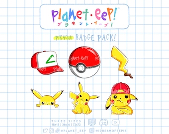 Puede incluir: Un conjunto de insignias con temática de Pikachu que incluyen una gorra de béisbol roja y blanca, una Poké Ball, un rayo amarillo y dos personajes de Pikachu diferentes. Las insignias están disponibles en tres tamaños: 18x18, 36x36 y 72x72. El texto "Planet.eep!" y "Pikachu Badge Pack!" también se incluye en la imagen.
