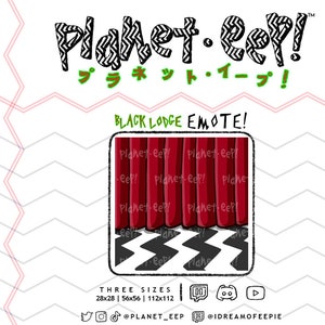 Op de afbeelding: Black Lodge-emote met een rood gordijn met de tekst "Planet.eep!" en een zwart-wit geblokte vloer. De emote is beschikbaar in drie maten: 28x28, 56x56 en 112x112.