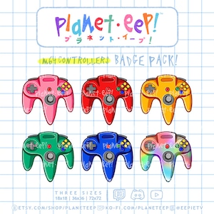 Op de afbeelding: Een set van zes kleurrijke Nintendo 64 controller badges. De controllers zijn in roze, rood, geel, groen, blauw en regenboogkleuren. De badges zijn verkrijgbaar in drie maten: 18x18, 36x36 en 72x72.