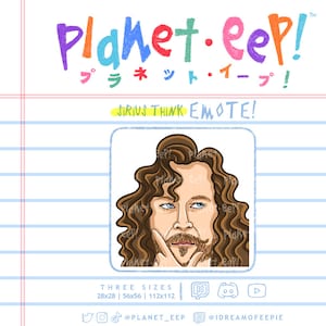 Puede incluir: Una ilustración de dibujos animados de un hombre con cabello largo y castaño y barba, que parece pensativo. La imagen está en un marco cuadrado con fondo blanco y el texto "SIRIUS THINK EMOTE!" encima de la imagen. El texto "Planet.eep!" está en la parte superior de la imagen en letras de colores.