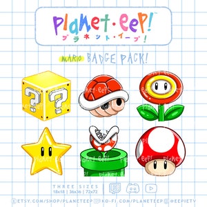 以下が含まれることがあります： クエスチョンブロック、クッパの甲羅、ピラニアプラント、スター、パイプ、キノコなど、6つのカラフルなマリオをテーマにしたバッジのセット。バッジは3つのサイズ（18x18、36x36、72x72）からお選びいただけます。