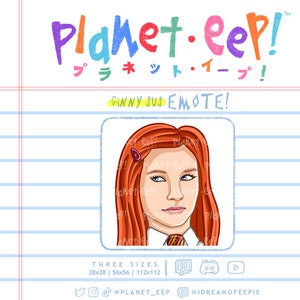 May include: A digital illustration of a red-haired woman with a red and gold striped tie. The image is set against a blue and white lined background. The text "Planet.eep!" and "Ginny Sus Emote!" is displayed above the image. The text "プラネット・イープ!" is displayed below the image. The text "THREE SIZES 28x28 | 56x56 | 112x112" is displayed below the image. The text "@PLANET_EEP" and "@IDREAMOFEEPIE" is displayed below the image.