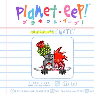Op de afbeelding: Een cartoonfiguur met rood haar en een zwart-grijs hoofd kijkt uit achter een wit oppervlak. Het figuur heeft één groot oog en draagt een zwart-grijze helm met een rood, geel en groene raket die bovenop is bevestigd. De tekst "DRIN GIN LURK EMOTE!" staat in geel boven het figuur. De tekst "Planet.eep!" staat in kleurrijke letters bovenaan de afbeelding. De tekst "プラネット・イープ!" staat in het Japans onder de Engelse tekst. De tekst "THREE SIZES 28x28 | 56x56 | 112x112" staat onder het figuur. De tekst "ETSY.COM/SHOP/PLANETEEP" staat in de linkerbenedenhoek van de afbeelding. De tekst "KO-FI.COM/PLANETEEP" staat in het midden onderaan de afbeelding. De tekst "@EEPIETV" staat in de rechterbenedenhoek van de afbeelding.