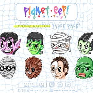 Può includere: Un set di otto badge con design di mostri dei cartoni animati colorati. I badge presentano personaggi classici dei mostri universali come Dracula, Frankenstein, la Mummia e la Creatura della Laguna Nera. I badge sono disponibili in tre dimensioni: 18x18, 36x36 e 72x72.