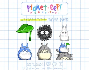 May include: A set of six My Neighbor Totoro character badges. The badges feature Totoro, the soot sprites, the cat bus, and the little bunny rabbit. The badges are available in three sizes: 18x18, 36x36, and 72x72. The text "Planet.eep!" and "My Neighbor Totoro Badge Pack!" is written at the top of the image.