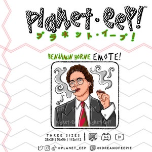 Puede incluir: Una ilustración de dibujos animados de un hombre con cabello castaño y bigote, que lleva un traje negro y una corbata roja, fumando un cigarrillo y sosteniendo un vaso de whisky. La imagen está en un estilo de cómic y tiene un toque retro. El texto "Planet-eel!" y "Benjamin Horne EMOTE!" está escrito en la imagen.
