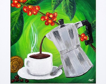 May include: A painting of a silver coffee pot pouring coffee into a white cup. The coffee pot is on a green background with a coffee plant with red berries.