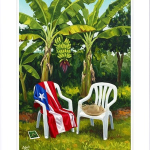 May include: A painting of two white plastic chairs under a banana tree. One chair has a Puerto Rican flag draped over it. A straw hat sits on the other chair. The painting is set against a backdrop of lush green foliage.