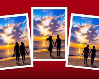 Sunset Beach Couple, Choose from three designs Vertical, Original wall Art Print (Not Framed)