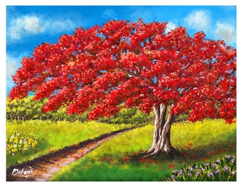 Red Flamboyant Tree in Bloom, High Res Wall Art Print from my Original Painting, Landscape, Puerto Rico (Not Framed)