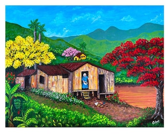 May include: A painting of a country house with a woman standing in the doorway. The house is surrounded by trees and flowers, and there are mountains in the background. The sky is blue and there are clouds in the sky.