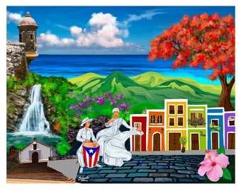 Puerto Rico Collage Print Caribbean Scenes Island Giclée Puerto Rico Print Original Wall Puerto Rico Art Horizontal Landscape (Not Framed)