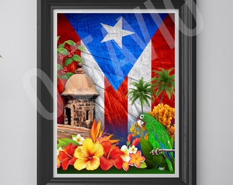 Puerto Rico Flag Collage Print Icons Puerto Rico Island Giclée Puerto Rico Print Original Wall Puerto Rico Art Bandera (NOT FRAMED)