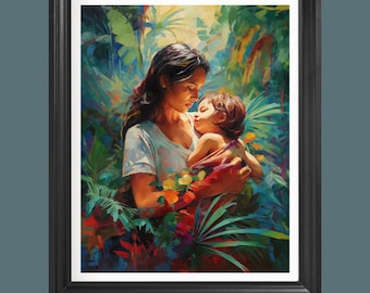 Embrace of my mother #1, Abrazo de mi madre, High Res Wall Art Print Painting, Tropical Flowers, baby, bebe  (Not Framed)