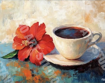 Coffee and Hibiscus Giclee Art Print: Puerto Rican Cafe Wall Art (NOT FRAMED)