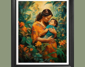 Embrace of my mother #3, Abrazo de mi madre, High Res Wall Art Print Painting, Tropical Flowers, baby, bebe  (Not Framed)