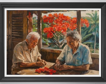 May include: Oil painting of two older adults seated at a table, focused on red flowers. A window reveals a vibrant red flowering tree and tropical foliage. The artwork is framed in a black wooden frame.