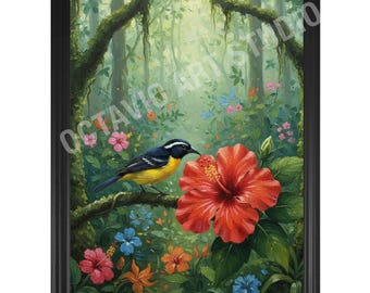 Hibiscus Flower and Reinita Art Print: Puerto Rico Giclée Tropical Forest Wall Art