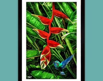 Puerto Rico Art Print Heliconia Flower Hummingbird Giclee Print Wall Art Tropical Plant Print Caribbean