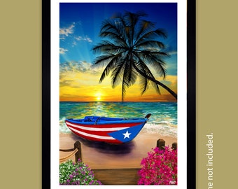 Puerto rico giclée beach boat print sunset wall decor puerto rico art palm tree ocean tropical Caribbean island bote y playa (Not framed)