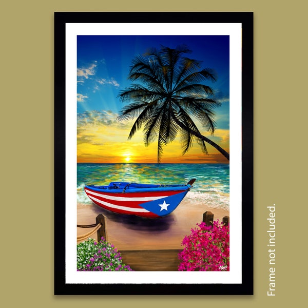 Puerto rico giclée beach boat print sunset wall decor puerto rico art palm tree ocean tropical Caribbean island bote y playa (Not framed)